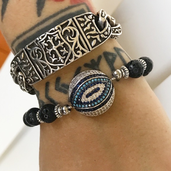 Evil eye bracelet . White gold plated cz charm & black Lava rock beads boho - Picture 10 of 11